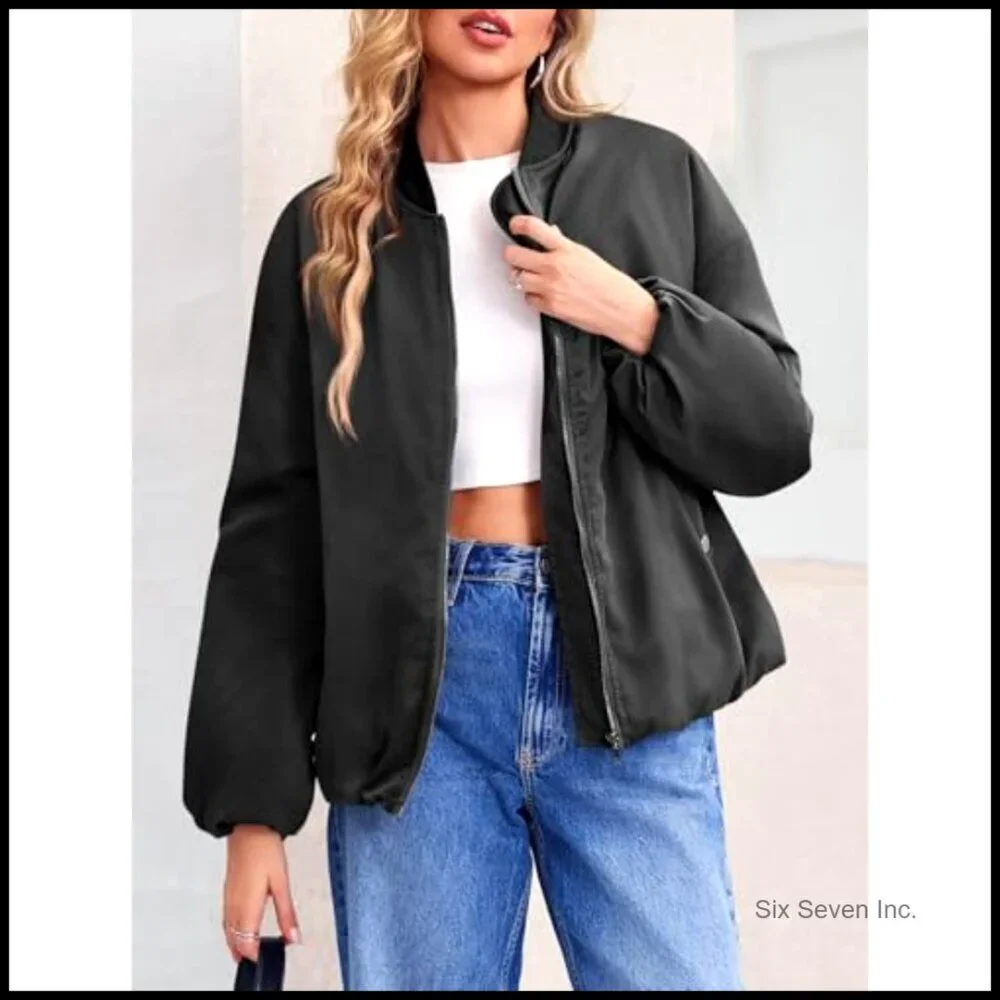 Oversized Zip Up Bomber Jacket Casual Fully Lined Winter Coat With Pockets - Picture 4 of 7